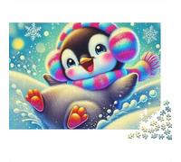 Penguin Difícil 1000 Piezas Rompecabezas Noche de Juego Familiar Pingüino Deslizándose en Nieve con Orejeras Premium Resistente Vibrante Desafiante Alivio de Estrés 52x38cm/1000pcs