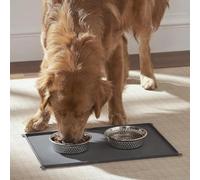 Penguin Home® Alfombrilla Antideslizante Gris para alimentación de Mascotas con 2 tazones de Acero Inoxidable Martillado | para Evitar derrames | Cuenco mate-53x37cm - 700ml