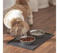 Penguin Home® Alfombrilla Antideslizante Negra para alimentación de Mascotas con 2 tazones de alimentación de Acero Inoxidable Martillado|Alfombrilla de 45x30 cm Tazón - 425 ml
