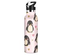 Penguin Peach Valentine - Botella de agua de metal para niños, a prueba de fugas y sin BPA, con asa, doble pared, aislada al vacío, para agua, leche, jugo, escuela, campamento, deporte