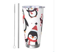 Penguin - Vaso térmico de invierno con popote y tapa, soporte térmico para automóvil, Navidad, Papá Noel, vaso aislado de acero inoxidable, taza de café de viaje para bebidas frías y calientes