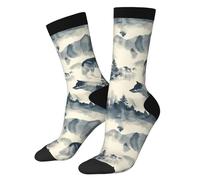 PENGYVV Crew Sock - Calcetines divertidos para adultos, divertidos y coloridos, diseño de tubo gráfico a media pantorrilla, Lobo y montaña, Altoa única