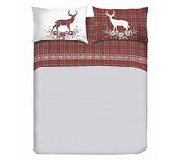 PENSIERI DELICATI Cama Doble Completa 100% Algodón, Sábanas Dobles Completas 180x200 Incluye Sábana Bajera y Superior y 2 Fundas de Almohada, Made in Italy, Ciervo de Tartán Rojo