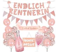 Pensión decorativa para jubilación, 25 unidades, decoración de jubilación en oro rosa, con guirnalda de jubilación, globos, banda y globos para jubilación, fiesta, despedida, pensión