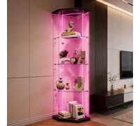 Pentágono Vitrina de cristal con LED en negro, 163 x 60 x 44 cm, vitrina de pie de cristal de seguridad, vitrina moderna con 4 estantes, vitrina coleccionable para figuras y objetos de colección