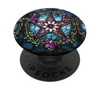 Pentagram Stained Glass Effect Stain Glass Art Purple Teal PopSockets PopGrip Adhesivo