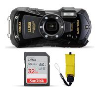 Pentax WG-90 - Cámara digital impermeable (negro) | Monitor LCD de 2.7 pulgadas con tarjeta de memoria SDHC UHS-I de 32 GB y correa de cámara Waith (amarillo) (paquete esencial)