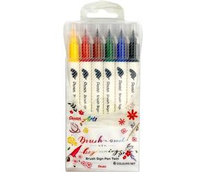 Pentel Bolígrafo Brush Sign Pen Twin SESW30C con punta de fibra, 2 puntas tipo pincel, surtidos (6 unidades - colores surtidos)