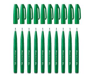 Pentel Bolígrafo de fibra SES15C-D con punta flexible tipo pincel, verde, paquete de 10 unidades
