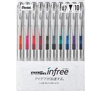 Pentel Bolígrafo retráctil de tinta de gel, EnerGel Infree, punta fina 0,7 mm, 10 colores