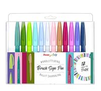 Pentel Bolígrafo SES15C-12 Brush Sign Pen, bolígrafo de punta de fibra, punta tipo pincel, 12 unidades, colores surtidos