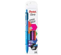 Pentel BX470/4EASY - Bolígrafo retráctil con clip de metal, 4 unidades, color negro, rojo, azul y morado