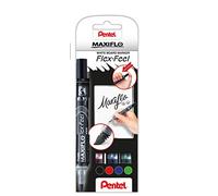 Pentel - Estuche 4 unidaes marcador Maxiflo Flex-Feel de punta flexible para pizarra blanca. Color negro, rojo, azul y verde