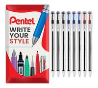 Pentel Excelente bolígrafo BK77 de punta de 0,7 mm, punta de 0,25 mm de ancho de línea, tinta recargable, color negro, azul, rojo, paquete de 8 en paquete de regalo