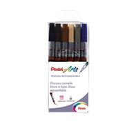 Pentel - Juego de 6 pinceles recargables (acero), color negro, gris, sepia, marrón, naranja y azul