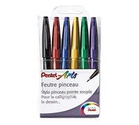 Pentel - Juego de 6 rotuladores de punta blanda con pincel - Ideal para bocetos y caligrafía - Colores surtidos, color Funny Pochette de 6