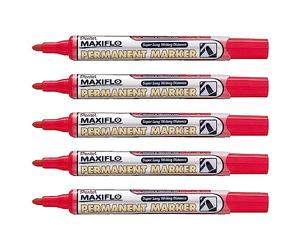 Pentel - Lote de 5 rotuladores permanentes MAXIFLO NLF50 (punta cónica, 2 mm), color rojo