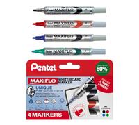 Pentel Maxiflo - Juego de rotuladores para pizarra blanca (4 unidades, tinta neg