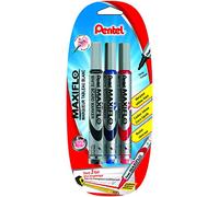 Pentel Maxiflo - Lote de 3 rotuladores pizarra blanca (punta mediana, tinta líquida negro, azul, rojo