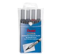Pentel Maxiflo - Marcador para pizarra, borrable en seco, punta inclinada, tinta líquida, 4 unidades, color negro, azul, verde y rojo