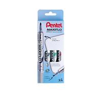 Pentel Maxiflo - Marcador para pizarra, borrable en seco, punta inclinada, tinta líquida, 4 unidades, color negro, azul, verde y rojo