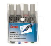 Pentel Maxiflo MWL6 - Estuche de 4 rotuladores para pizarra blanca (punta biselada, trazo grueso), color negro, azul, rojo y verde
