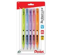 Pentel Techniclick - Portaminas de 0,7 mm, paquete de 5, lápices de escritura suave para estudiantes y profesionales, línea media, avance de minas de clic lateral, colores pastel surtidos (PD107TBP5M)