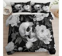 Peonía De Calavera Gótica Juego de Ropa de Cama 200 x 200 cm Funda Nórdica Microfibra Suave Reversible con 2 Fundas de Almohada Fácil de Cuidar y Transpirable, Gris