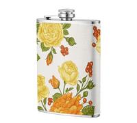 Peonía de flor amarilla,Frasco de acero inoxidable 304 de 8 oz con funda de cuero sintético, frasco de bolsillo para licor plano para exteriores