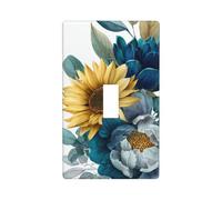 Peonía de girasol con hojas de turquesa azul marino, cubierta decorativa para interruptor de luz, 1 interruptor, placa de pared para cocina, granja, dormitorio, baño, decoración artística