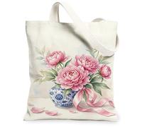 Peony - Bolsa de lona para mujer, florero floral romántico, con cinta de primavera, melocotón, lavable, reutilizable, pequeña bolsa de mano para viajes al aire última intervensión, día de trabajo