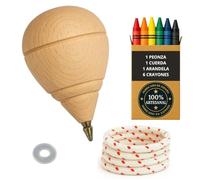 Peonza Madera para Niños, Pack 1 Trompo + 6 Ceras + 1 Arandela | Con Punta Bolígrafo, hecho a mano en España.