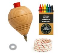 Peonza Madera para Niños Pack 1 Trompo + 6 Ceras de Colores + 1 Arandela | Hecho a Mano en España con Punta Bolígrafo.