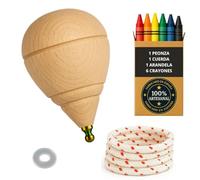 Peonza Madera para Niños Pack 1 Trompo + 6 Ceras de Colores + 1 Arandela | Hecho a Mano en España con Punta Redonda.