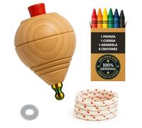 Peonza Madera para Niños Pack 1 Trompo + 6 Ceras de Colores + 1 Arandela | Hecho a Mano en España con Punta Redonda.