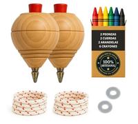 Peonza Madera para Niños, Pack 2 Trompos + 6 Ceras + 2 Arandelas | Con Punta Bolígrafo, hecho a mano en España.