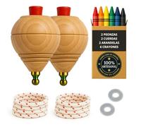 Peonza Madera para Niños, Pack 2 Trompos + 6 Ceras + 6 Arandelas | Con Punta Redonda, hecho a mano en España.
