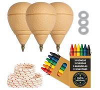 Peonza Madera para Niños, Pack 3 Trompos + 12 Ceras + 3 Arandelas | Con Punta Bolígrafo, hecho a mano en España.