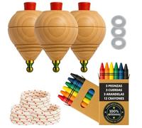 Peonza Madera para Niños, Pack 3 Trompos + 12 Ceras + 3 Arandelas | Con Punta Redonda, hecho a mano en España.