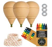 Peonza Madera para Niños, Pack 3 Trompos + 12 Ceras + 3 Arandelas | Con Punta Redonda, hecho a mano en España.