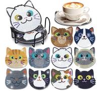 Peosaard 10 Posavasos con diseño de Diamante, 5D, Kit de Posavasos de Madera con diseño de Gato, Aislamiento térmico y Antideslizante, Lindo con Soporte, Kits de Manualidades y Manualidades para ADU