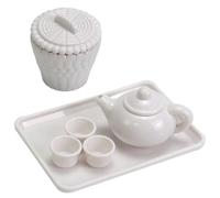 Peosaard Juego de té en Miniatura Mini Juego de té Realista a Escala 1/12 con teteras, Bandeja y más, Taza de plástico Blanca Simple y Moderna para Accesorios de Cocina de casa de muñecas, Mini Tazas