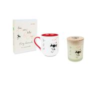 PEPITA VIAJERA Pack Regalo Leyenda del Hilo Rojo, Taza Cerámica 380 ml + Vela de Soja Aromática + Set Pulseras con Lámina Ilustrada, Detalle Romántico para Pareja o Amistad