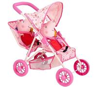 Peppa Pig - Cochecito doble rosa tándem | Muñecas de juguete doble Buggy | Cochecito plegable para niños | Cochecito de muñecas gemelas para juegos de rol | Accesorios para cochecito de muñecas | A
