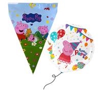 Peppa Pig, Decoracion de Cumpleaños de Peppa Pig, Set de Cumpleaños Niño, Decora tu Fiesta con los Banderines y el Globo de Foil (46 Cm), Fiesta Infantil de Niña y Niño, 9 M de Banderin, 1 Globo