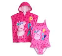 Peppa Pig Rosado Love Heart Background Conjunto de poncho, toalla y bañador de 1