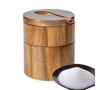 Pepper Container, Salt Cellar, 3.54x3.54x4.13 Inches Magnetic Swivel Lid Bowl with Spoon, 2-Layers Wood Coffee Sugar Storage Organizer for Seasoning Cooking Dining, Home Accessories for Outdoor Usage