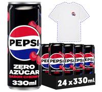 PEPSI zero Cherry Refresco de cola con cero azúcar y cero calorías, pack de 24 latas de 330 ml, 7.92 litros en total, Incluye camiseta de Regalo