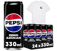 PEPSI zero Refresco de cola con cero azúcar y cero calorías, pack de 24 latas de 330 ml, 7.92 litros en total, Incluye camiseta de Regalo