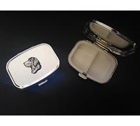 Pequeña cabeza de labradores A23 hecha de peltre inglés fino en una pastilla rectangular de metal plateado de viaje